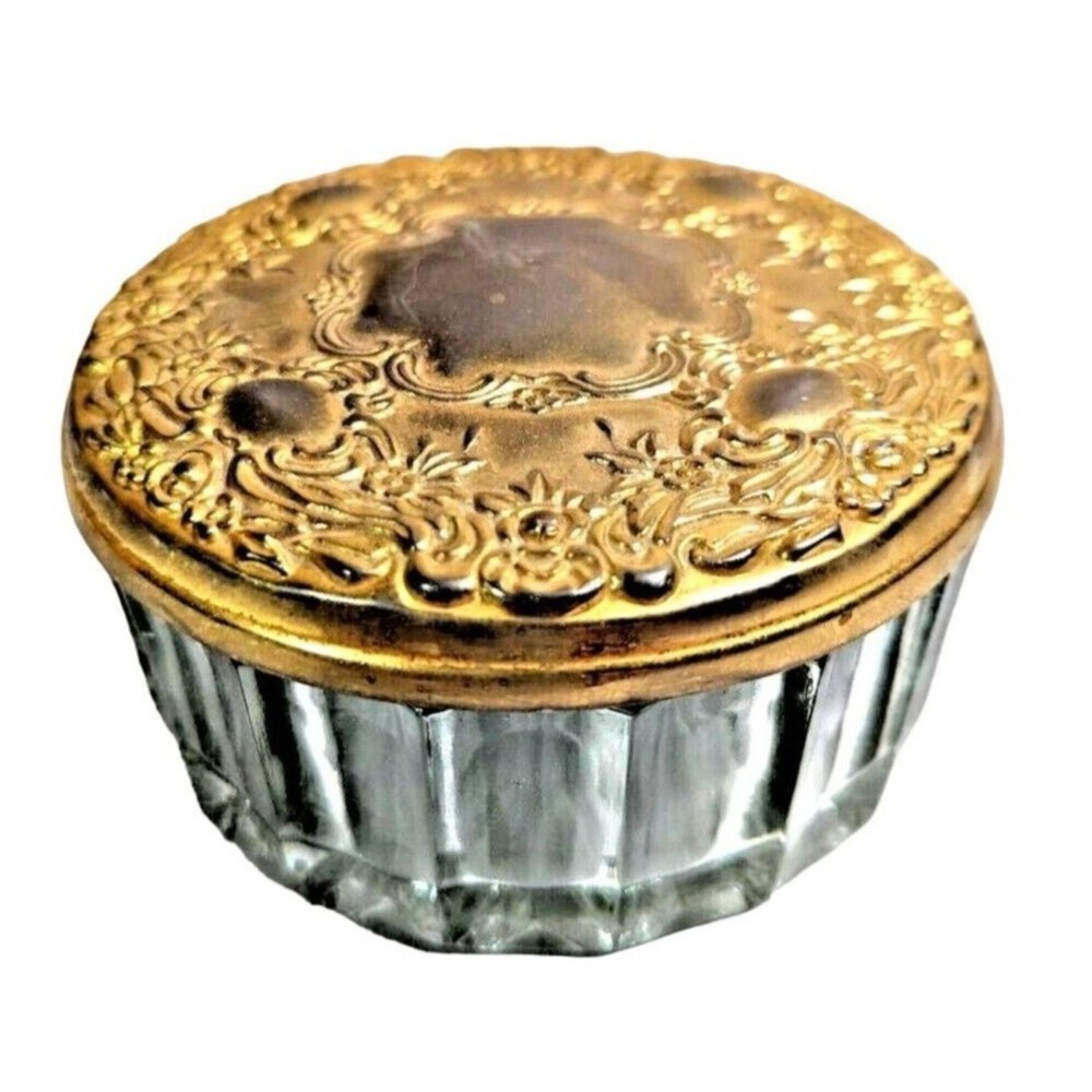 International Vanity Powder Jar Gold Lid Mirror Silver-Plate 3.75 x 2-in Gift